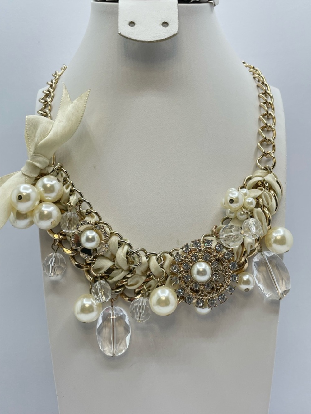 Erica Lyons Gold Faux Pearl Crystal Statement Necklace Bib Bold Weighted